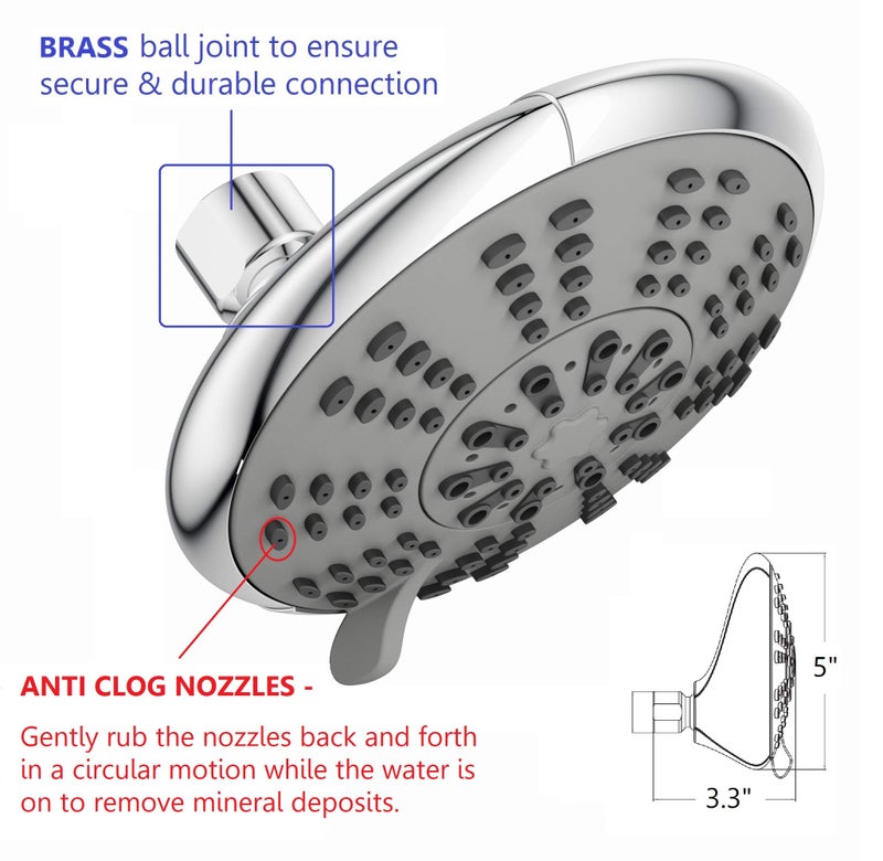 Ana Bath 5-Inch Anti-Clog High Pressure 3-Way LARGE Dual Shower Head with Handheld Spray - 5-Spray Setting/BRASS CONNECTOR/5 Ft Stainless Steel Hose/All Chrome (SS5450CCP) - Image 3